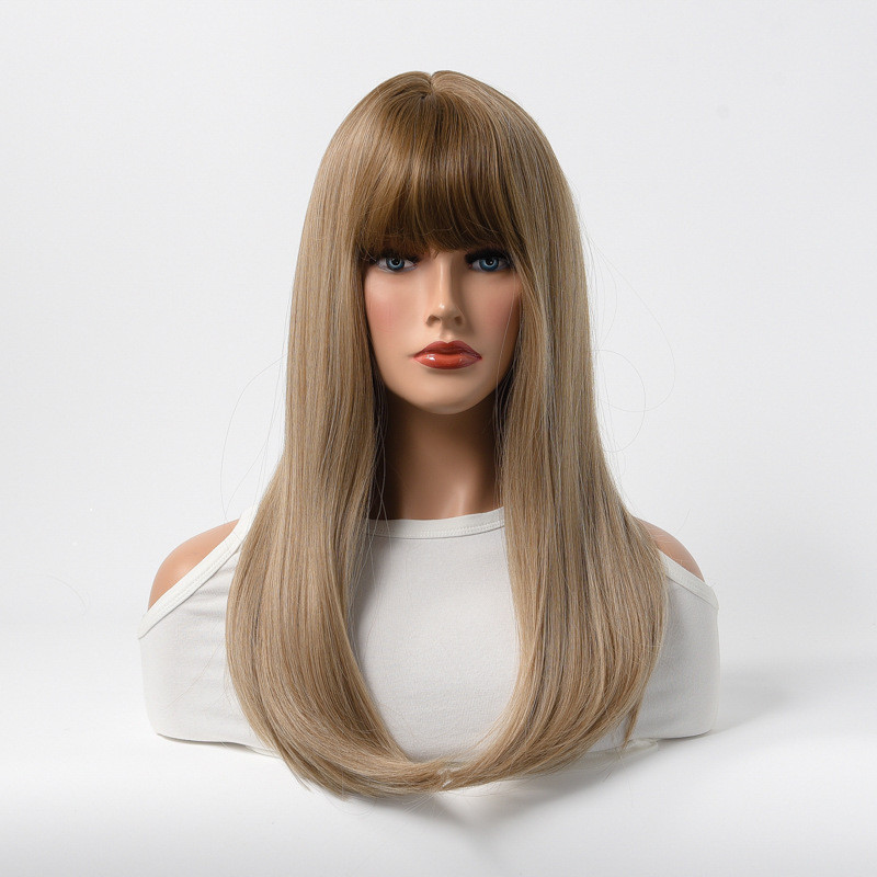 Perruque Blonde, Longue et Lisse avec Frange, pour Femme