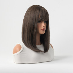 Perruque Brune, Lisse avec Frange, pour Femme