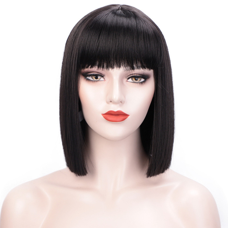 Perruque Courte et Lisse avec Lace Frontale en Dentelle et Frange Raide, pour Femme