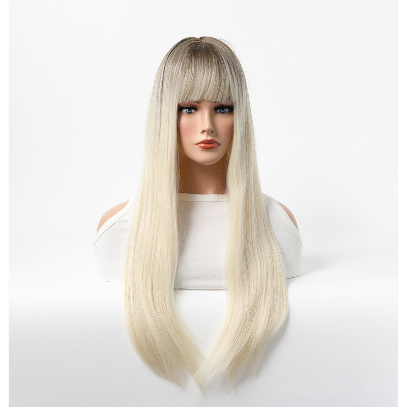 Perruque Blond Platine, Longue et Lisse en Fibres Kanekalon, pour Femme