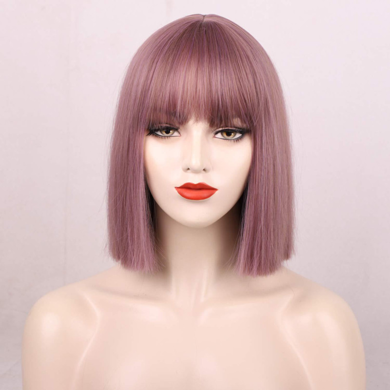 Perruque Courte et Lisse avec Lace Frontale en Dentelle et Frange Raide, pour Femme