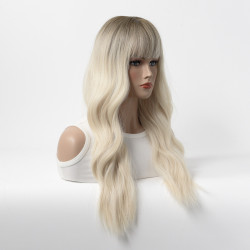 Perruque Blonde, Longue avec Frange et Lace Frontale en Dentelle, pour Femme