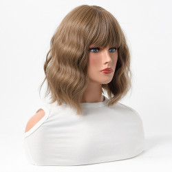 Perruque Brun Clair, Courte et Ondulée en Fibres Kanekalon, pour Femme