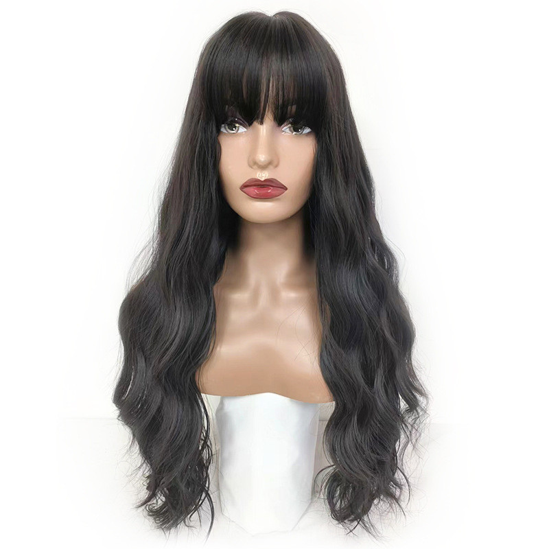 Perruque Noire, Longue et Ondulée avec Frange, pour Femme