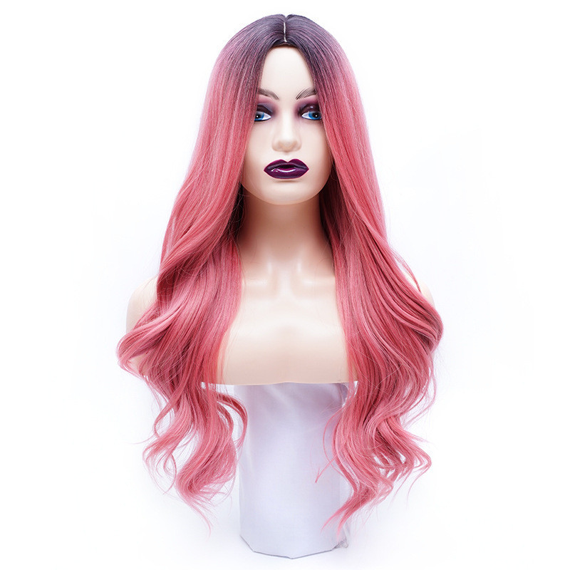 Perruque Ombrée Rose et Gris, Longue et Ondulée, pour Femme