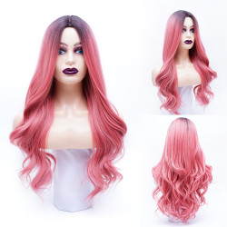 Perruque Ombrée Rose et Gris, Longue et Ondulée, pour Femme