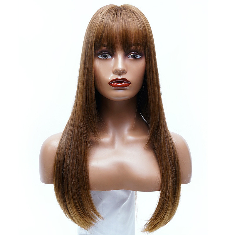 Perruque Brune, Longue et Lisse avec Frange, pour Femme