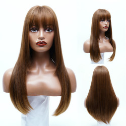Perruque Brune, Longue et Lisse avec Frange, pour Femme