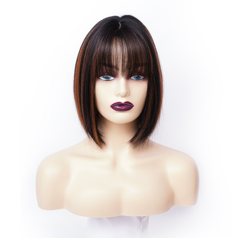 Perruque Courte, Lisse et Synthétique avec Frange, pour Femme