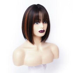 Perruque Courte, Lisse et Synthétique avec Frange, pour Femme