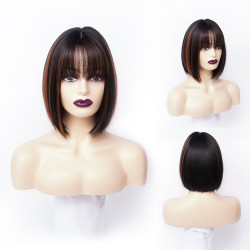 Perruque Courte, Lisse et Synthétique avec Frange, pour Femme