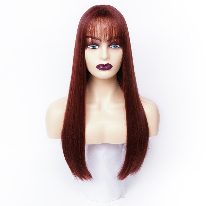 Perruque Rouge, Longue et Lisse avec Frange, pour Femme