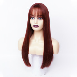 Perruque Rouge, Longue et Lisse avec Frange, pour Femme