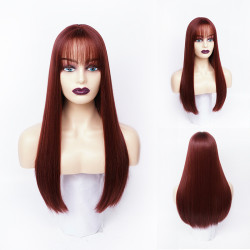 Perruque Rouge, Longue et Lisse avec Frange, pour Femme