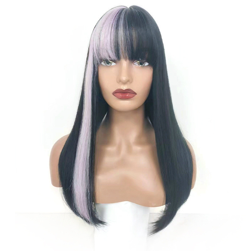 Perruque Noire et Violette, Longue et Lisse, pour Femme