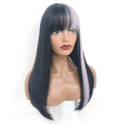 Perruque Noire et Violette, Longue et Lisse, pour Femme