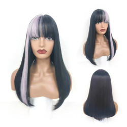 Perruque Noire et Violette, Longue et Lisse, pour Femme