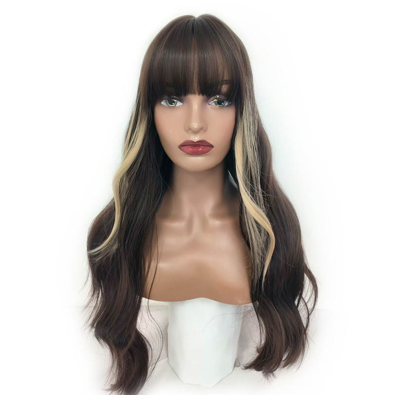 Perruque Brune, Ondulée et Synthétique avec Frange, pour Femme