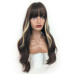 Perruque Brune, Ondulée et Synthétique avec Frange, pour Femme