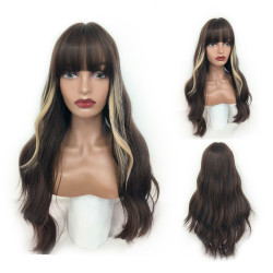 Perruque Brune, Ondulée et Synthétique avec Frange, pour Femme