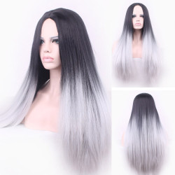 Perruque Noire et Argentée, Longue et Lisse, pour Femme