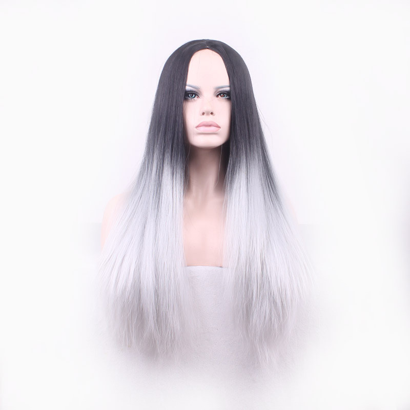 Perruque Noire et Argentée, Longue et Lisse, pour Femme